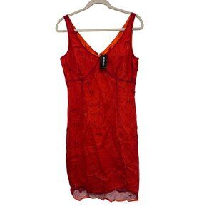 Vintage Express Red Sheer Embroidered Dress Womens 9/10 Sleeveless Mesh With Lin